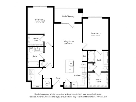 Floor plan for 2 beds, 2 baths, 1090 sqft